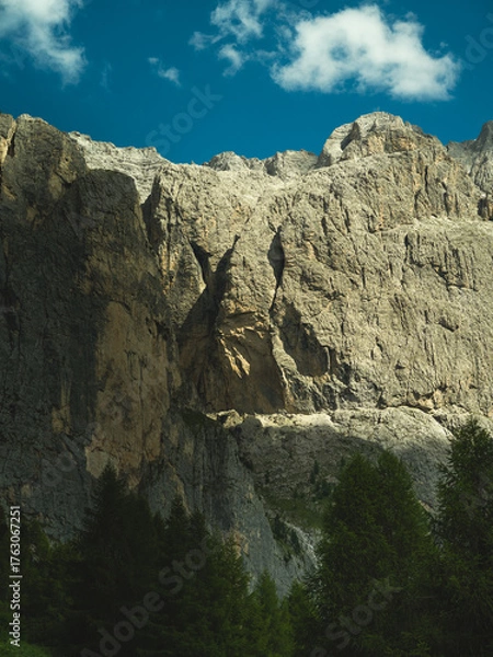 Fototapeta Steep rocky cliffs of the Dolomites, Italy. Towering limestone walls rise above dark pine trees under a clear blue sky — a striking contrast of strength and stillness in nature.