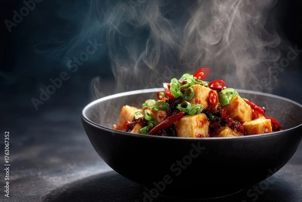 Obraz Steaming Hot Spicy Tofu Dish with Chili and Scallions in Dark Bowl.