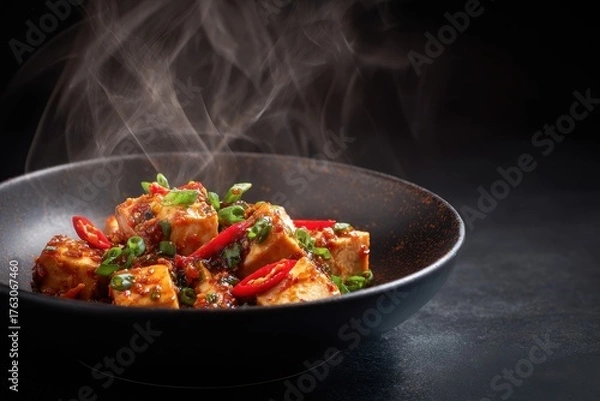 Obraz Steaming Tofu Stir-Fry - Vibrant Red Peppers and Green Onions in Dark Bowl.