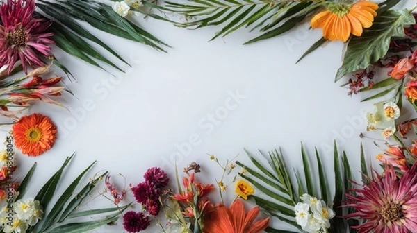 Obraz Vibrant Floral Frame with Colorful Flowers  Green Leaves on White Background, Flat Lay Composition.