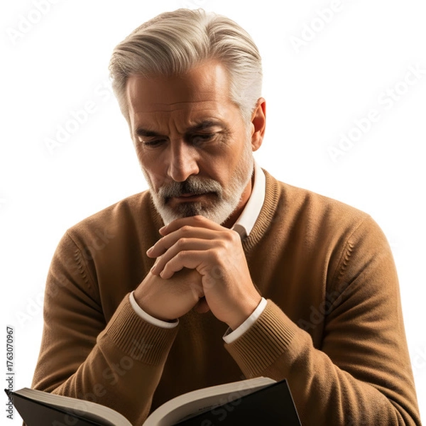 Fototapeta Thoughtful senior man reading a book with a contemplative expression isolated on white background