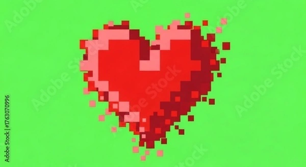 Fototapeta Red pixel art heart dissolving into small squares on a bright green background. Digital love concept for Valentine day.