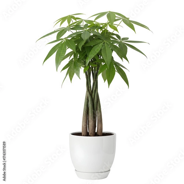 Fototapeta Money tree in a white pot a popular houseplant isolated on white background