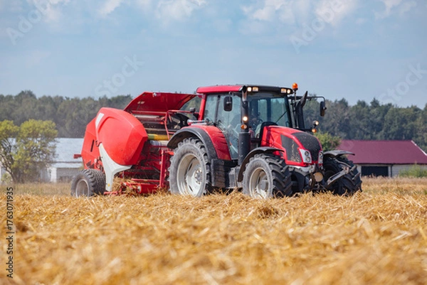 Fototapeta Tractor with bale machine for harvesting straw in the field and making large round bales. Agricultural work. Harvesting straw bales on the lands in a summer field.