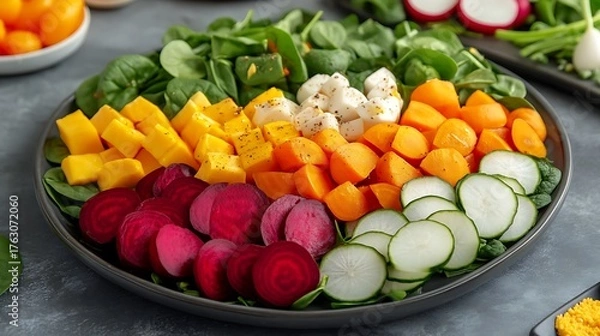 Fototapeta Colorful breakfast vegetable salad with radish, beets, and spinach
