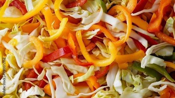 Fototapeta Crunchy vegetable salad with cabbage, bell peppers, and lemon dressing