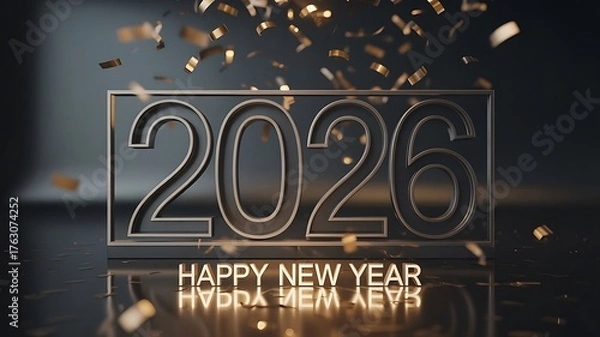 Fototapeta 2026 Happy New Year Celebration with Golden Confetti, Modern Metallic Numbers, and Elegant Dark Background for Luxury Festive Greeting Design