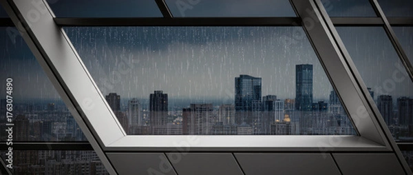 Fototapeta Moody urban skyline of city viewed through window during rain, lonely and contemplative moment