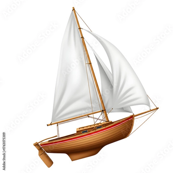 Fototapeta Wooden sailboat with white sails detailed vector illustration of a classic sailing vessel isolated on white background