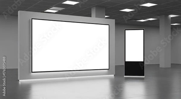 Fototapeta Modern exhibition hall interior featuring a large blank horizontal digital screen and a vertical information kiosk for advertising mockups