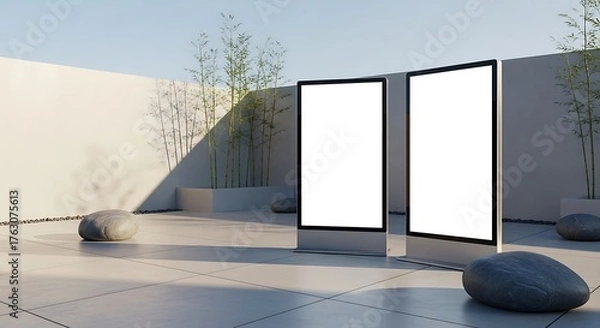 Fototapeta Two illuminated digital screens stand in a bright, modern outdoor plaza with large rocks and bamboo plants