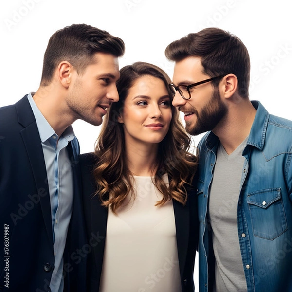 Fototapeta Two men whispering secrets to a smiling woman isolated on white representing gossip intrigue or confidential information