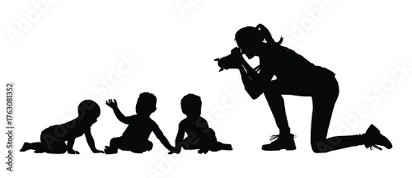 Fototapeta Female photographer taking pictures of babies and toddlers playing together on the floor black silhouette vector illustration.