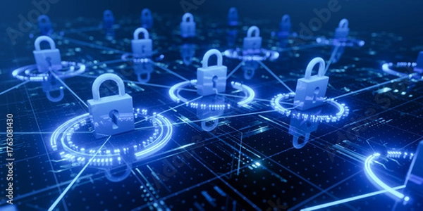 Obraz Digital Cybersecurity Concept with Glowing Padlocks and Circuit Board