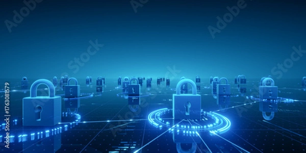 Obraz Digital Security Network with Glowing Padlocks Background