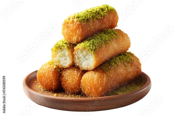 Fototapeta Traditional Middle Eastern Kunafa dessert cubes filled with cream and topped with ground pistachios on wooden plate isolated on white transparent background, concept of traditional sweets