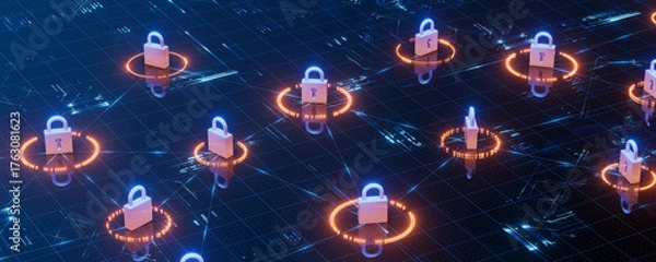 Obraz Cybersecurity Blockchain Network with Digital Padlocks and Data Grid