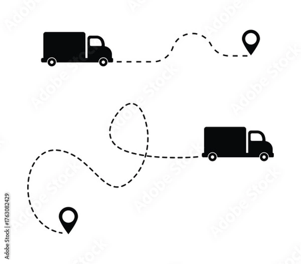 Fototapeta fast Delivery truck icon with location pin. Delivery route with dotted path and truck icon. Travel destination symbol. Truck silhouette driving on dotted path collection. 