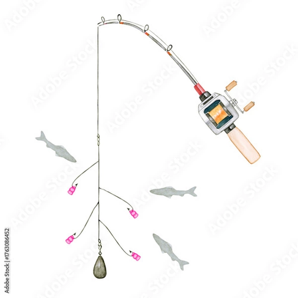 Obraz ワカサギ釣り 魚釣り　釣り竿 ロッド　水彩 イラスト