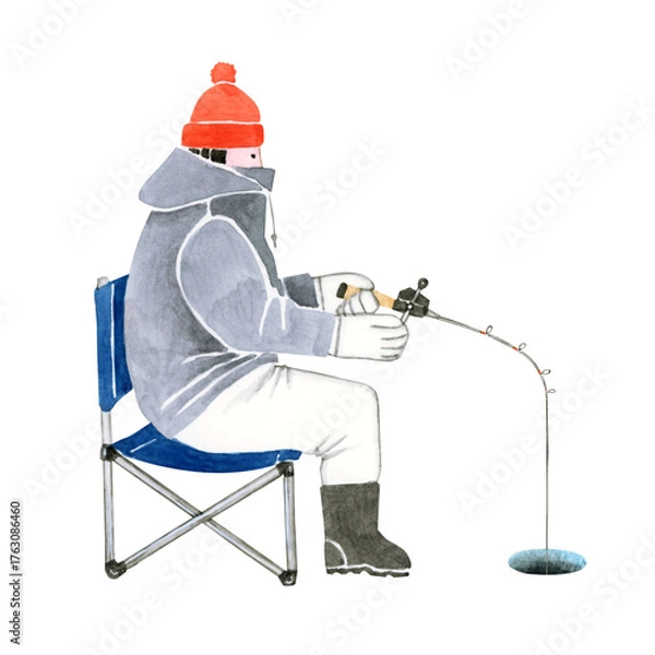 Obraz ワカサギ釣り 魚釣り　人物　水彩 イラスト