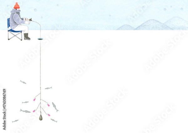 Obraz ワカサギ釣り 魚釣り　人物 背景　水彩 イラスト