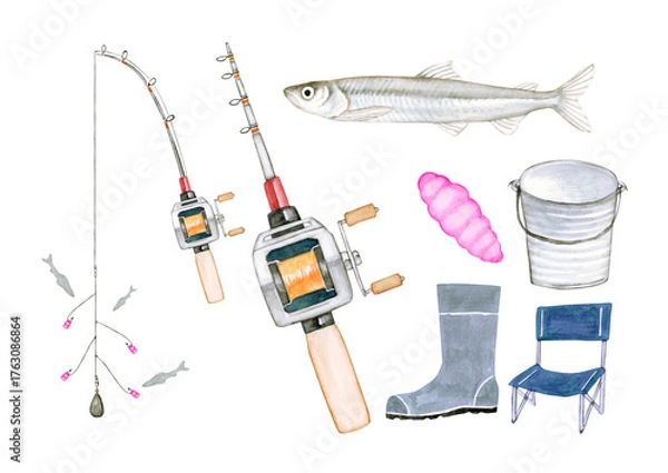Obraz ワカサギ釣り 魚釣り　釣り道具 セット　水彩 イラスト