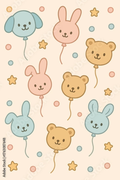 Fototapeta Cute Animal Vector Pattern with Bunny Bear and Dog Faces in Pastel Colors in Minimalist Style