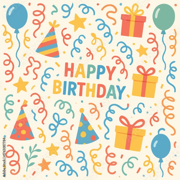 Fototapeta Vector Pattern Festive Birthday Celebration with Balloons Presents Party Hats and Stars in Bright Colors