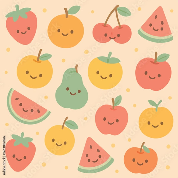 Fototapeta Cute Fruit Vector Pattern with Smiling Watermelon Peach Cherry and Strawberry Elements in Modern Organic Style in Pastel Colors