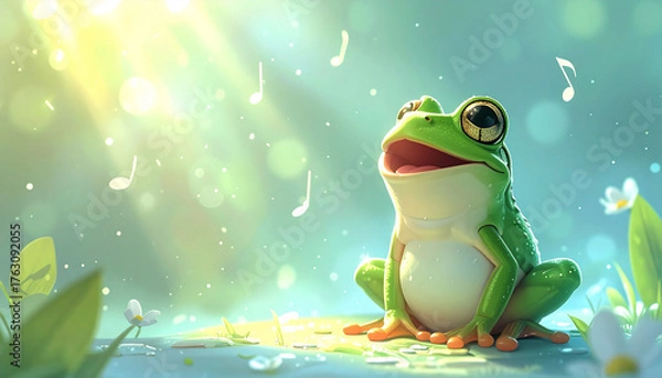 Fototapeta 光の中で気持ちよさそうに歌う可愛いカエル。音符が漂う幻想的なメルヘン構図で、春・自然・癒し・音楽のイメージにぴったり。子ども向け・絵本風素材にも使えるポップなイラスト。