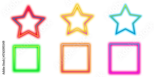 Fototapeta Colorful Neon Outline Stars and Squares Set, glitter - Bright Gradient Glowing Geometric Shapes on transparent Background, glow, ray .