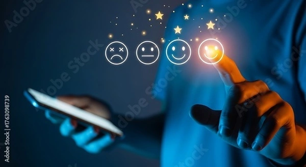 Obraz Customer selects a positive emoji rating on a smartphone screen, representing satisfaction