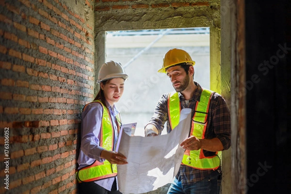 Fototapeta Architects and engineers discuss teamwork, construction, and happiness for real estate, complete with plans, inspections, and hard hats at the construction site.