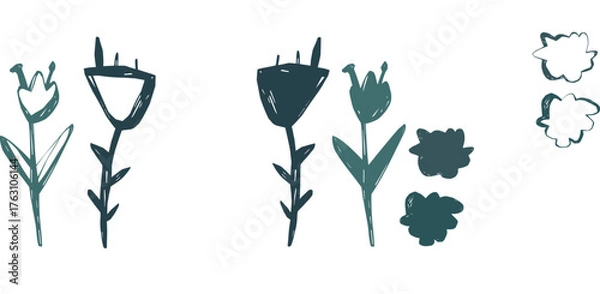 Fototapeta Minimal floral illustration with two hand drawn wildflowers in Scandinavian style simple botanical vector art