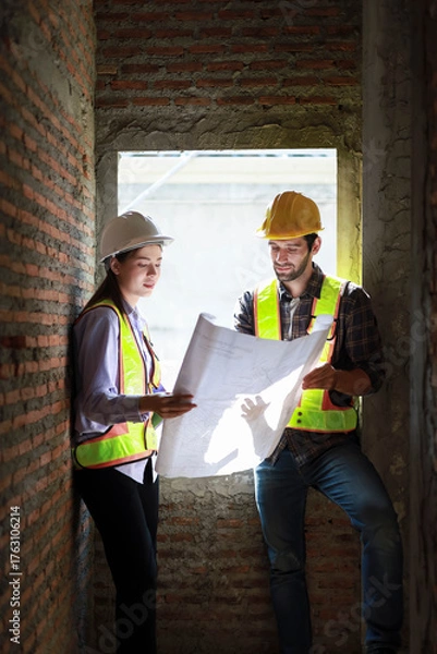 Fototapeta Architects and engineers discuss teamwork, construction, and happiness for real estate, complete with plans, inspections, and hard hats at the construction site.