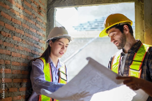 Fototapeta Architects and engineers discuss teamwork, construction, and happiness for real estate, complete with plans, inspections, and hard hats at the construction site.
