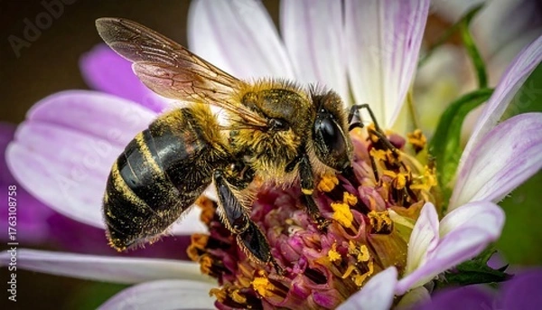 Fototapeta Bee Pollinating Flower - A Close-Up View of Natures Beauty.