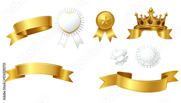 Fototapeta Assortment of shiny golden ribbons, medals, rosettes, and a crown set against a black background