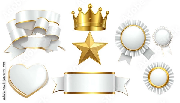 Fototapeta Collection of ornate white and gold emblems, including ribbons, a heart, and a crown