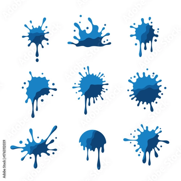 Fototapeta Set of nine isolated blue paint splash and ink blot illustrations.