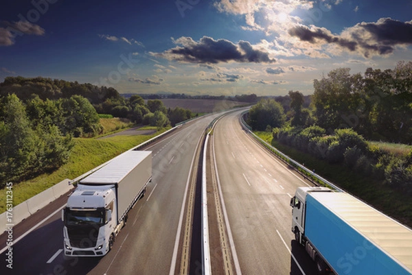 Obraz Large Transportation Truck on a highway road through the countryside at sunset