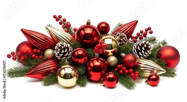 Fototapeta A festive and abundant christmas centerpiece arrangement featuring shiny red and gold baubles pinecones evergreen branches and red berries on a white background