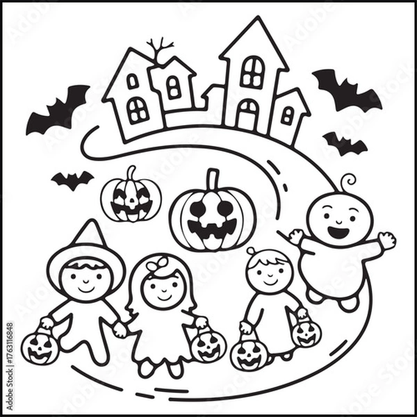 Fototapeta Bold and easy spooky Halloween black and white coloring pages for adults with Halloween-related elements.