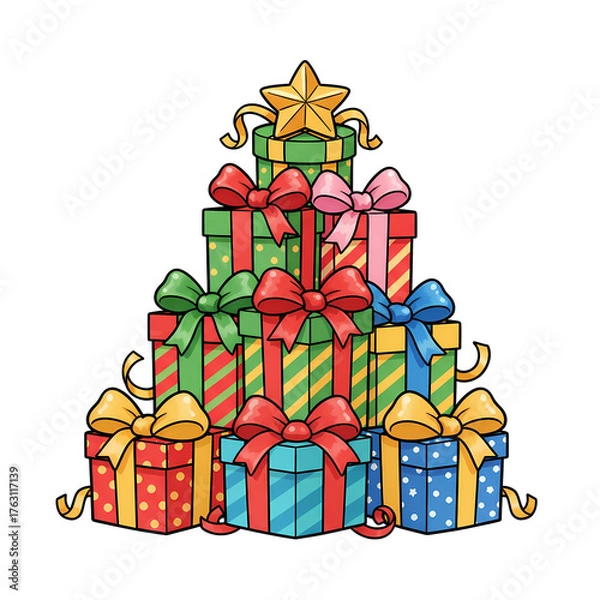 Obraz Tiny gift boxes with shiny ribbons stacked like a pyramid