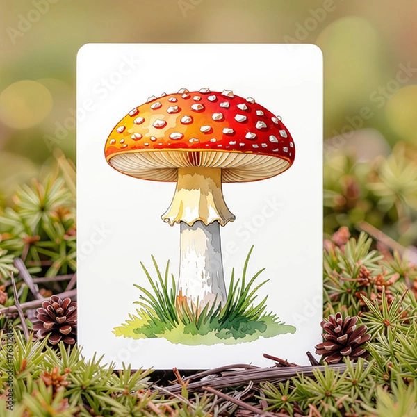 Obraz Amanita muscaria mushroom in a colorful and whimsical style, with green grass, copy space, training card