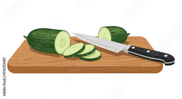 Fototapeta A sliced cucumber with a knife on a wooden cutting board ready to be served as a healthy snack