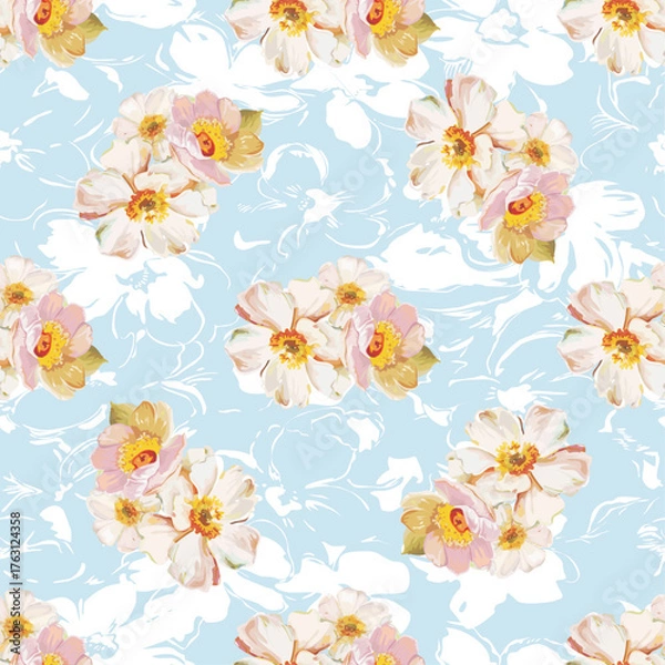 Obraz Seamless pattern with white flowers Shows a floral pattern with small white flowers on pink. Full-frame composition, pink-white tone. Delicate style, design background