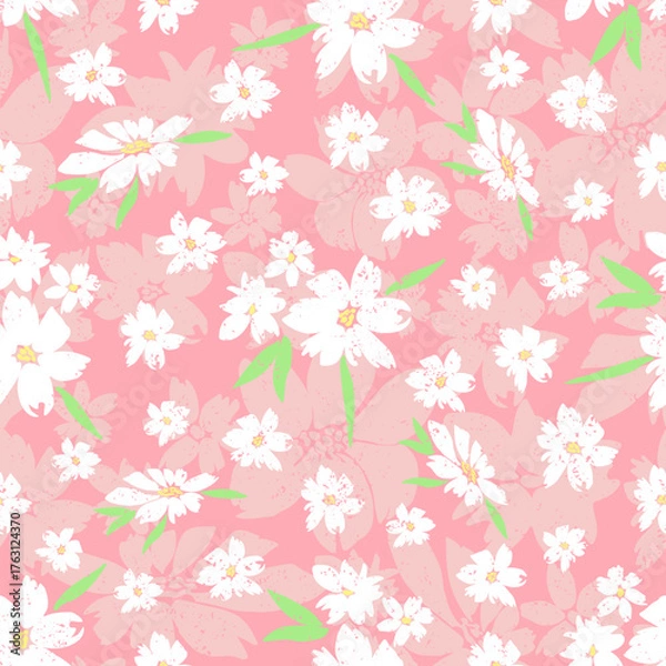 Obraz Vector seamless pattern with hand-drawn flowers, small white flowers on a background of large pink flowers.eps