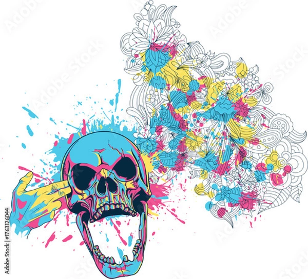 Obraz skull and crossbones Displays a colorful skull design with splashes. Full-frame composition, multicolor tone. Artistic style, tattoo background
