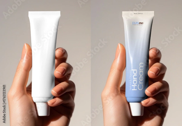 Obraz Hand Cream Tubes In Hands Mockup PSD
